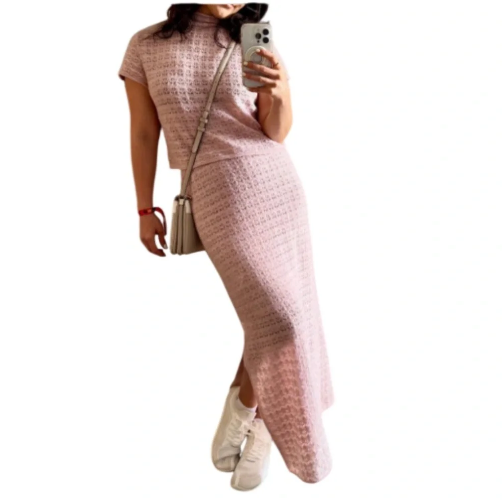 House of Harlow 1960 Crochet Knit Maxi Skirt Set - 2 Pieces Soft Pink Size S - Picture 2 of 15